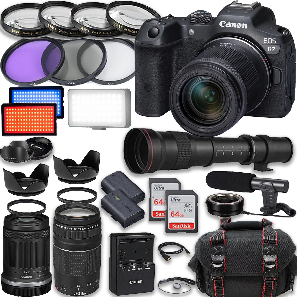 EOS R7 Mirrorless Camera with RF-S 18-150mm IS STM + EF 75-300mm III + 420-800mm HD Lenses, Accessories included: 2X 64GB Memory Cards, LED Video Light, Microphone, Extra Battery, Case & More