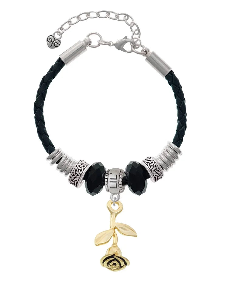 Delight Jewelry Goldtone Stemmed Rose Big Sister Celtic Knot Leather Bead Bracelet, 7"+2" Extender