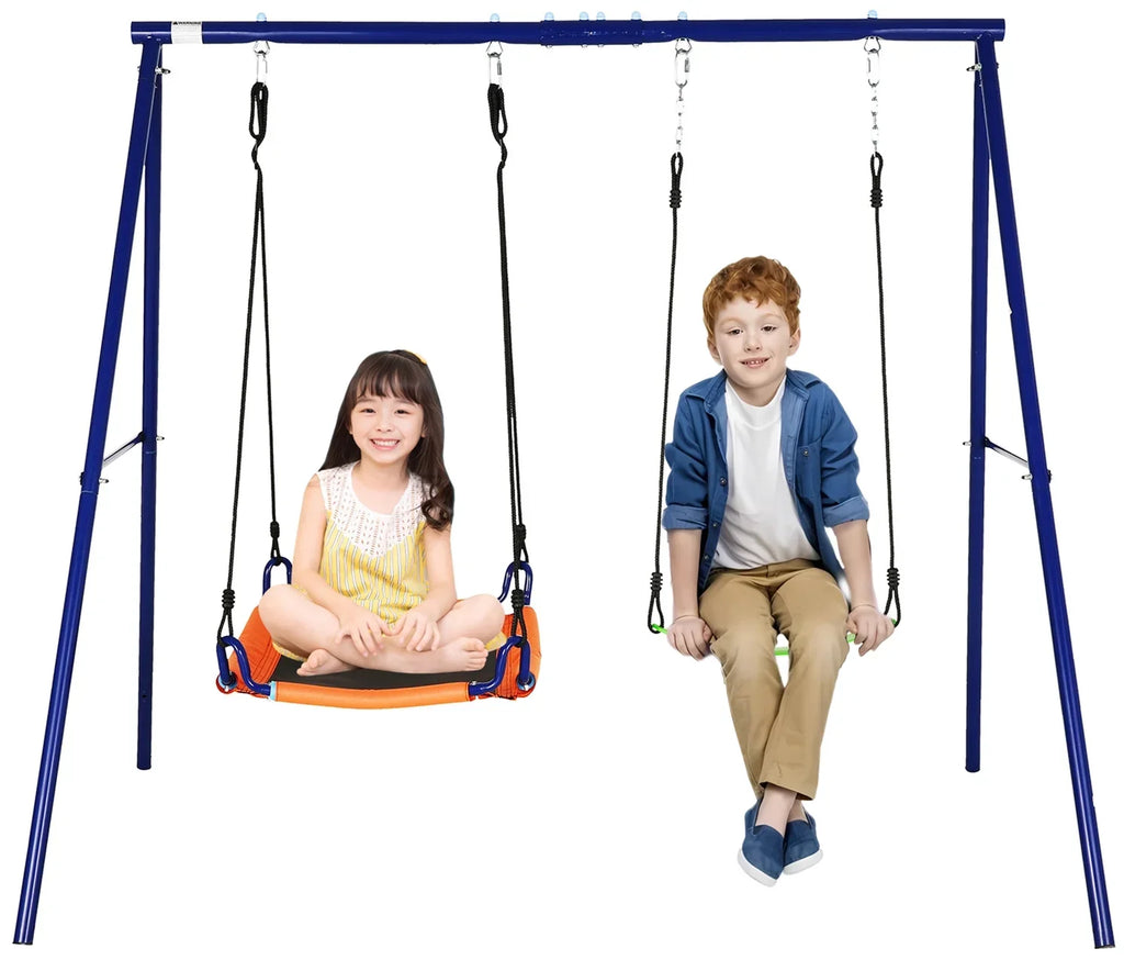 Qhomic 440lbs Swing Set for Backyards, 2-in-1 Outdoor Swing Set with 1Saucer & 1Belt Swing Seat, Kids Swing Sets with Adjustable Swing Seat
