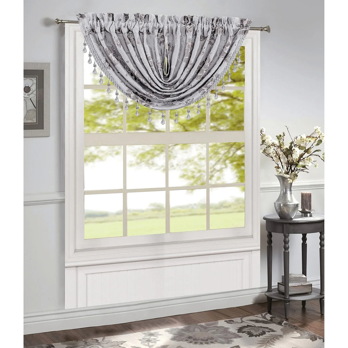Felicia Jacquard Rod Pocket Liquid Window Valance, Silver, 48x37 Inches