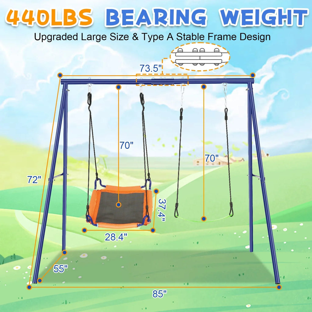 Qhomic 440lbs Swing Set for Backyards, 2-in-1 Outdoor Swing Set with 1Saucer & 1Belt Swing Seat, Kids Swing Sets with Adjustable Swing Seat