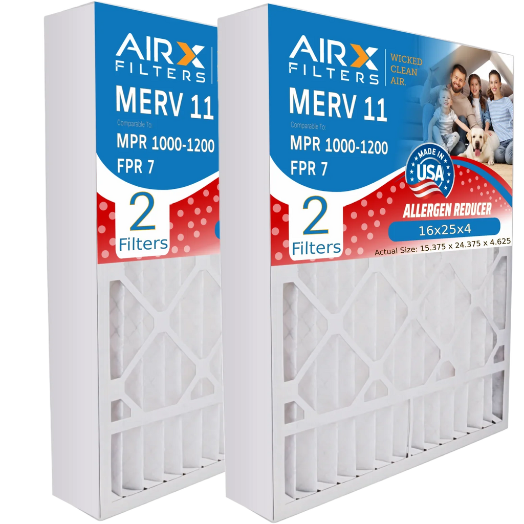 16x25x4 Air Filter MERV 11 Comparable to MPR 1000, MPR 1200 & FPR 7 Compatible with TopTech TT-FM-1625 Premium USA Made 16x25x4 Furnace Filter 2 Pack by AIRX FILTERS WICKED CLEAN AIR.