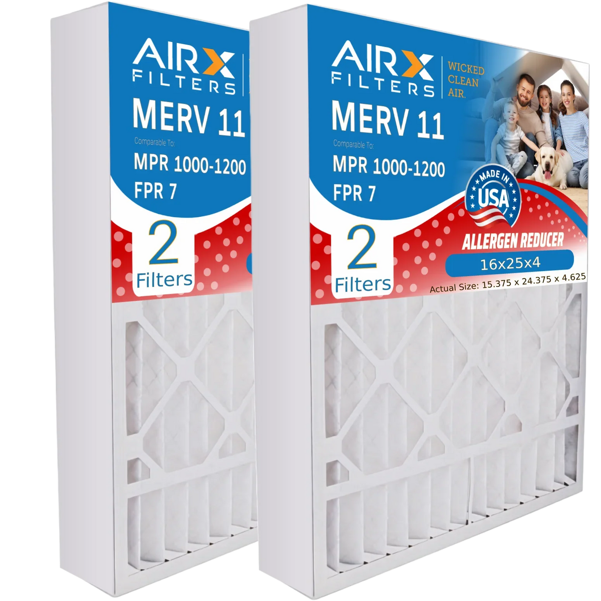 16x25x4 Air Filter MERV 11 Comparable to MPR 1000, MPR 1200 & FPR 7 Compatible with TopTech TT-FM-1625 Premium USA Made 16x25x4 Furnace Filter 2 Pack by AIRX FILTERS WICKED CLEAN AIR.