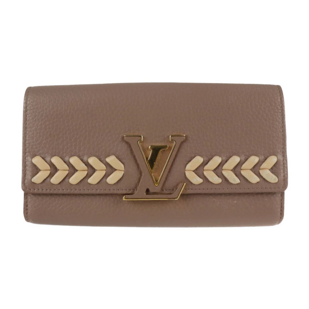 Pre-Owned LOUIS VUITTON Louis Vuitton Portefeuille Capucines Parnacea Long Wallet M62075 Taurillon Leather Taupe LV Logo Beige Gold Metal Fitting Genuine (Good)