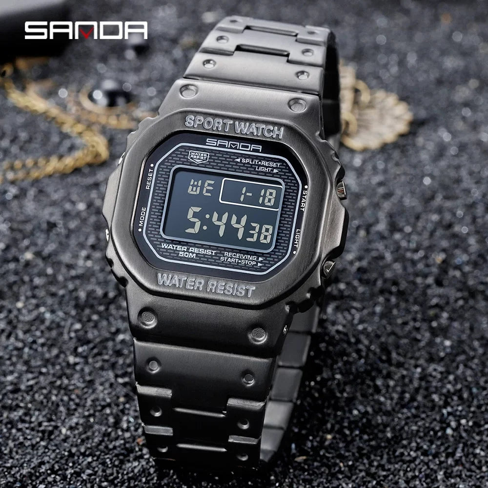 Sanda Top Brand Luxury Men's Watches Led Digital Watch Men 5atm Casual Fluid Wristwatch Steel Clock Relogio Masculino 390 - Digital Wristwatches