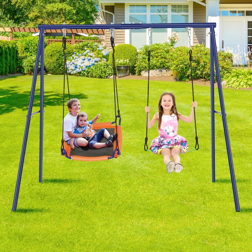 Qhomic 440lbs Swing Set for Backyards, 2-in-1 Outdoor Swing Set with 1Saucer & 1Belt Swing Seat, Kids Swing Sets with Adjustable Swing Seat