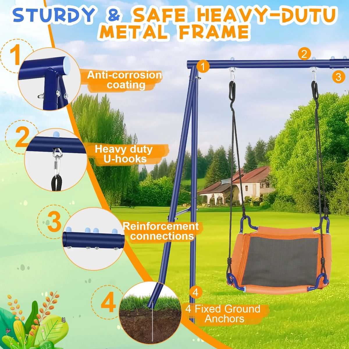 Qhomic 440lbs Swing Set for Backyards, 2-in-1 Outdoor Swing Set with 1Saucer & 1Belt Swing Seat, Kids Swing Sets with Adjustable Swing Seat