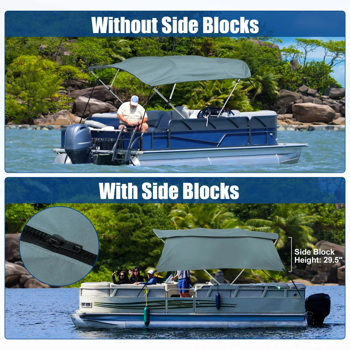 Unique Bargains 4Bow 8'Lx54"Hx91"-96"W Bimini Top Canvas With Detachable Side Blocks Gray