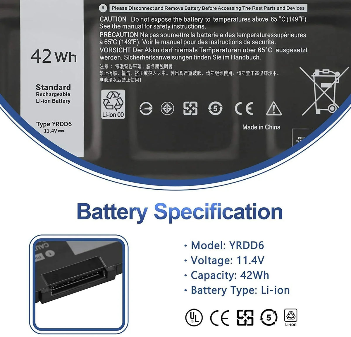 42Wh YRDD6 Battery For Inspiron 7586 5482 5485 5491 5591 3310 2-in-1 5593
