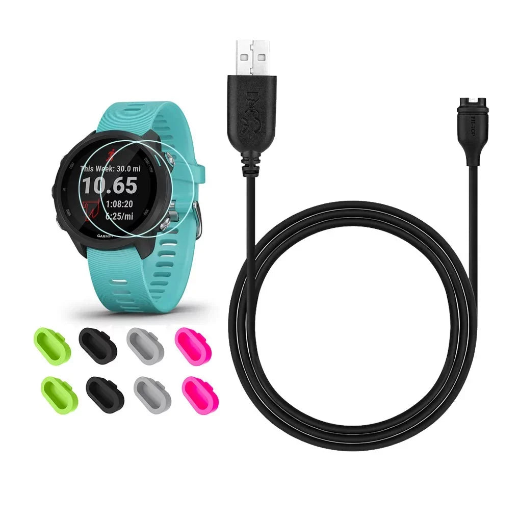 for Garmin Forerunner 245/Approach S60 Charger, Charging Clip Sync Data Cable and 2Pcs HD Tempered Glass Display