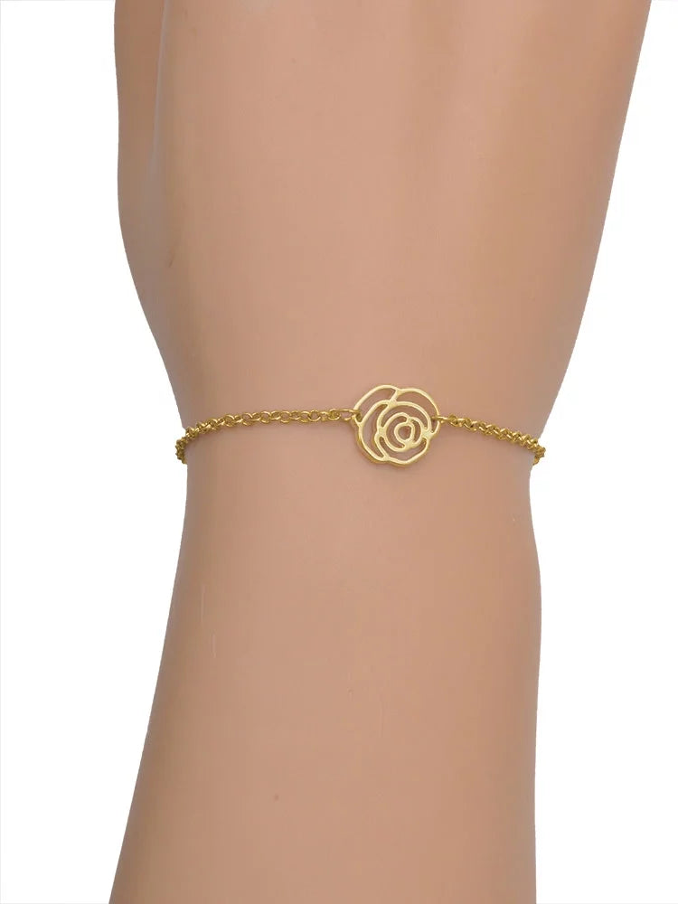 Delight Jewelry Silvertone Green Four Leaf Clover with Heart Leaves Gold-tone Rose Link Chain Bracelet, 6.25"+1.75" Extender