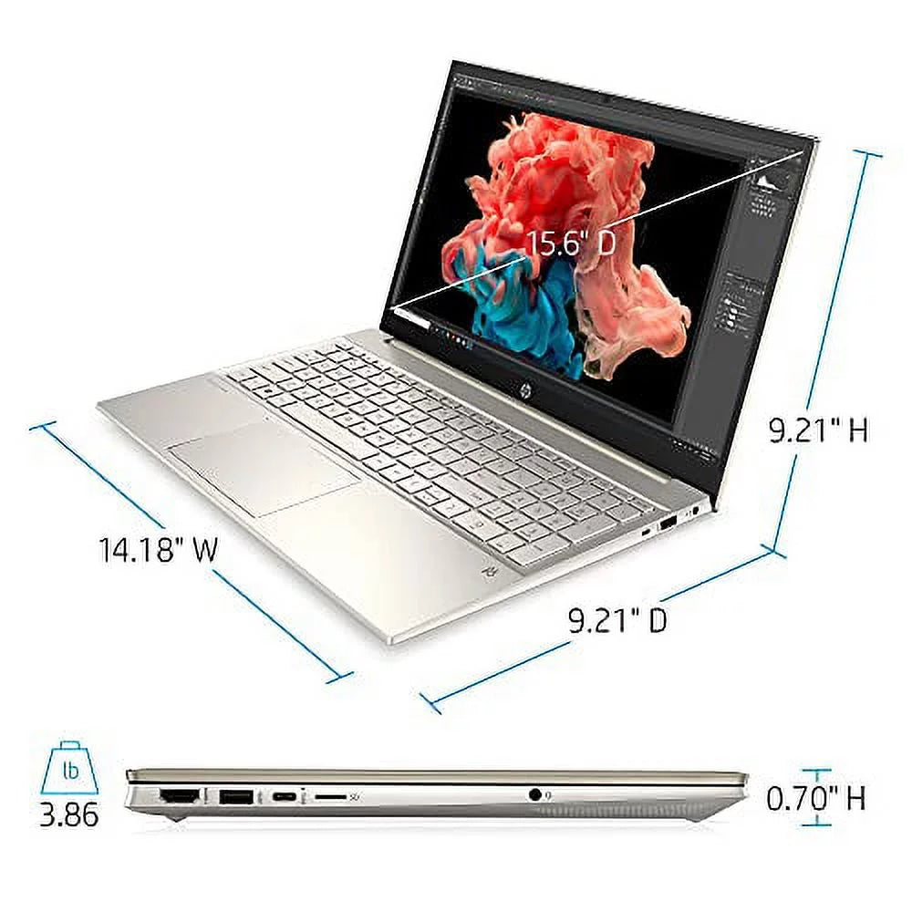 2022 Pavilion 15.6" IPS FHD Monitor Portable computer 4-Core i5-1135G7 Iris Xe Graphics 16GB RAM DDR4 512GB NVMe SSD USB-C WiFi AX Bluetooth HDMI Webcam Backlit KB Gold Windows 10 Home w/RE USB