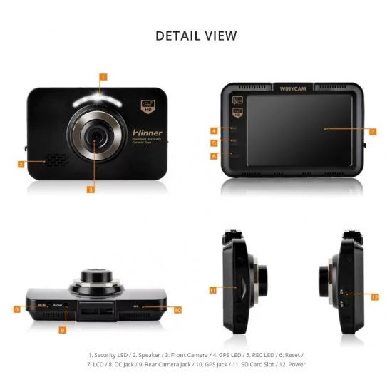 WinyTech 5MP Car Black box dash cam HD wide angle Dual cameras 3.5" LCD touch Display