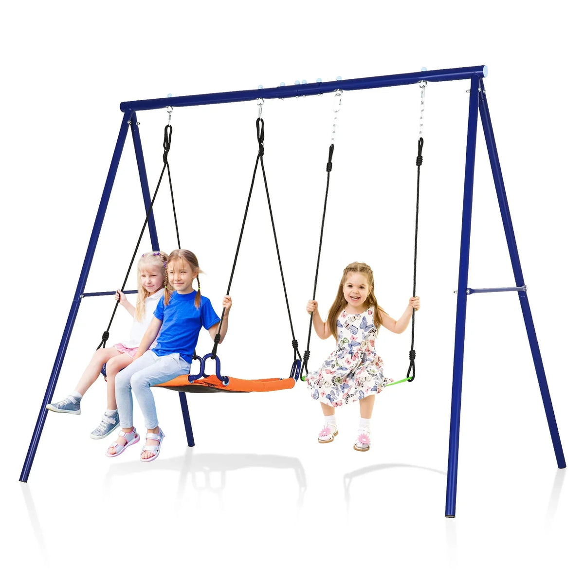 Qhomic 440lbs Swing Set for Backyards, 2-in-1 Outdoor Swing Set with 1Saucer & 1Belt Swing Seat, Kids Swing Sets with Adjustable Swing Seat