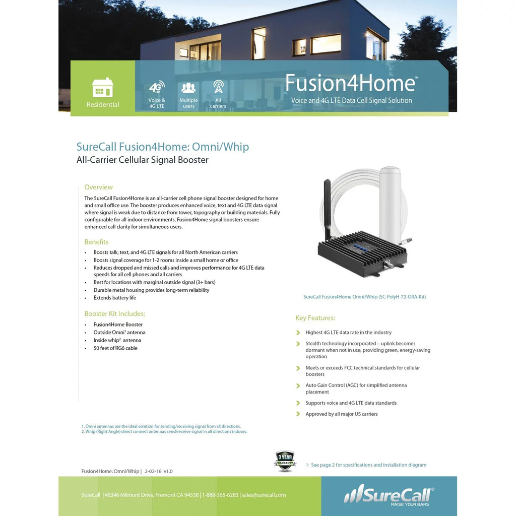 SureCall Fusion4Home Omni/Whip Voice, Text & 4G LTE Cell Phone Signal Booster for Homes up to 2,000 sq. ft. SC-PolyH-72-ORA-Kit