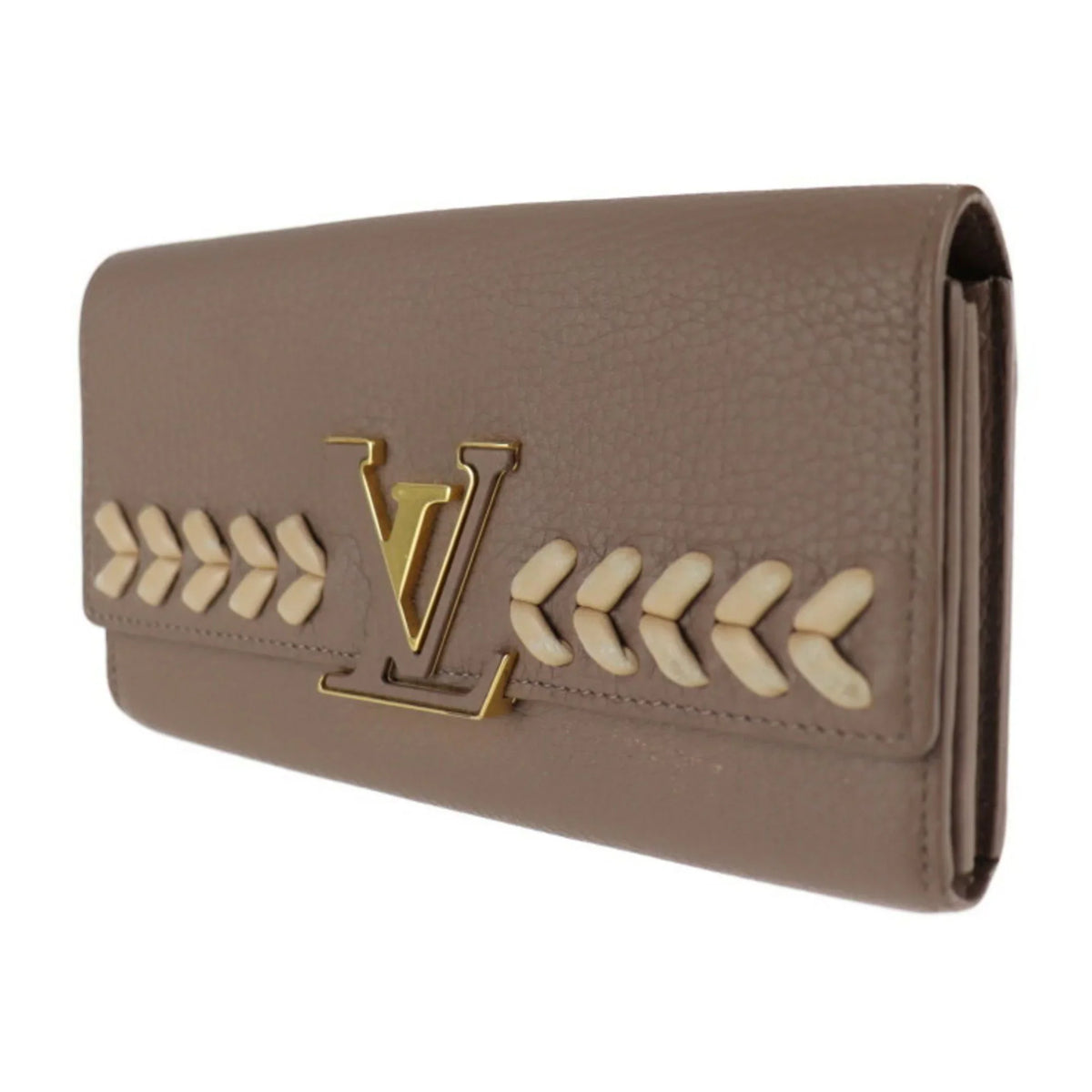 Pre-Owned LOUIS VUITTON Louis Vuitton Portefeuille Capucines Parnacea Long Wallet M62075 Taurillon Leather Taupe LV Logo Beige Gold Metal Fitting Genuine (Good)