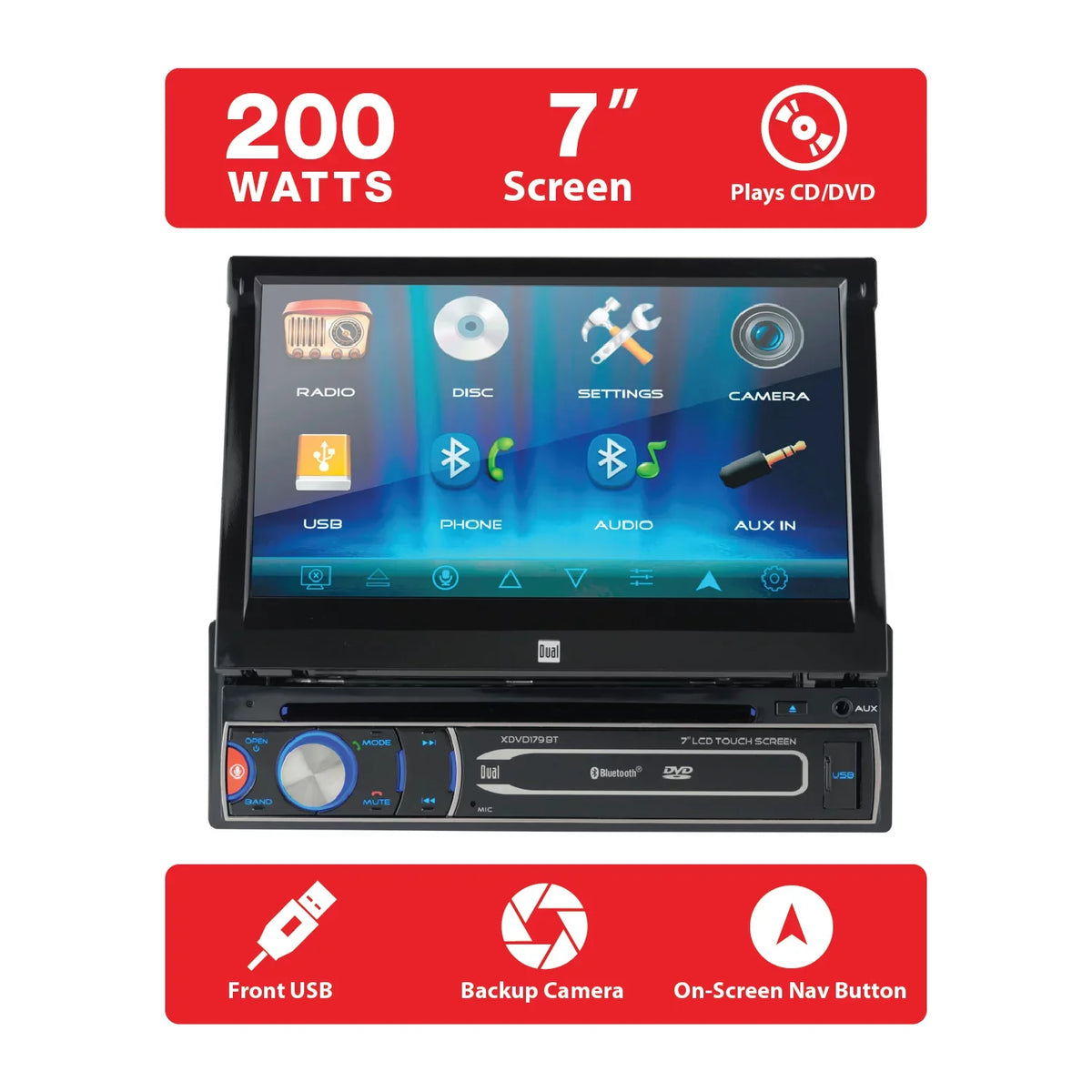 Dual Electronics XDVD179BT 7 inch Single DIN Car Stereo, Motorized Touch Display CD/DVD, New