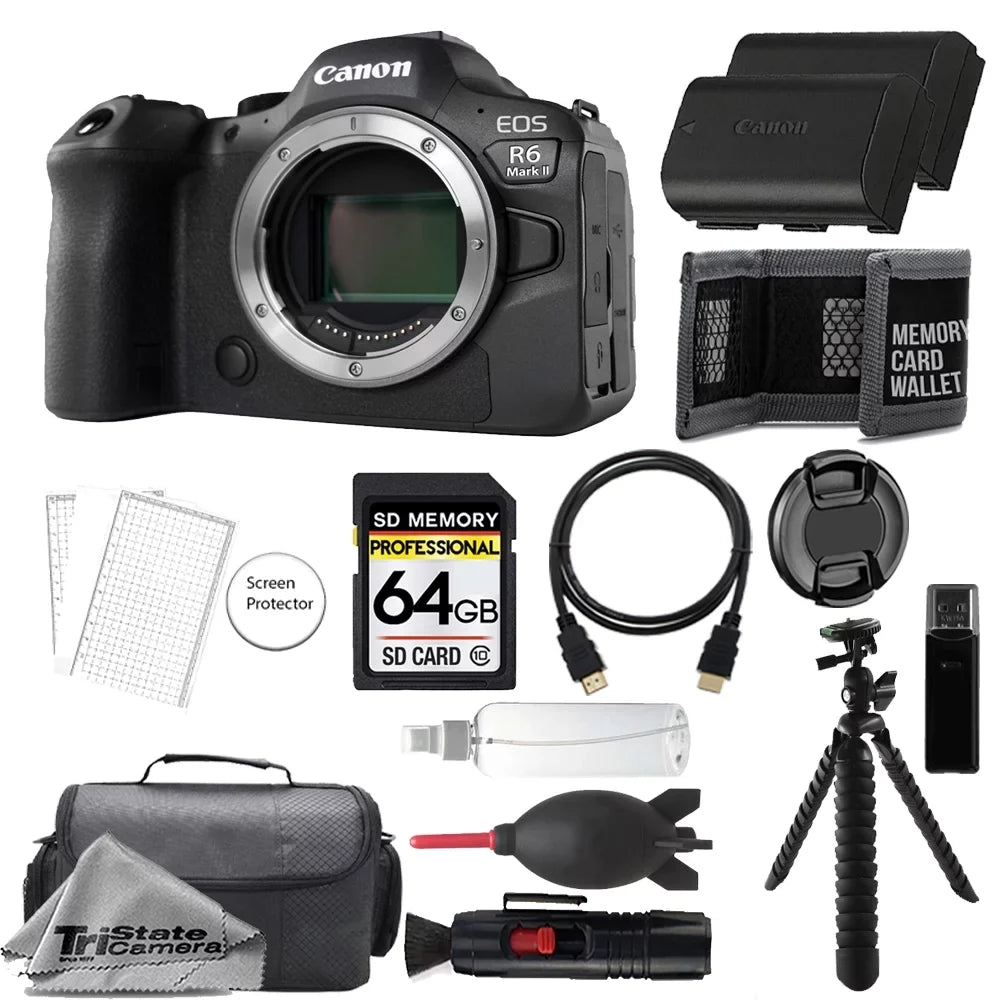 EOS R6 Mark II Mirrorless Camera (Body) 5666C002 + 64GB + Extra Battery- Accessory Kit