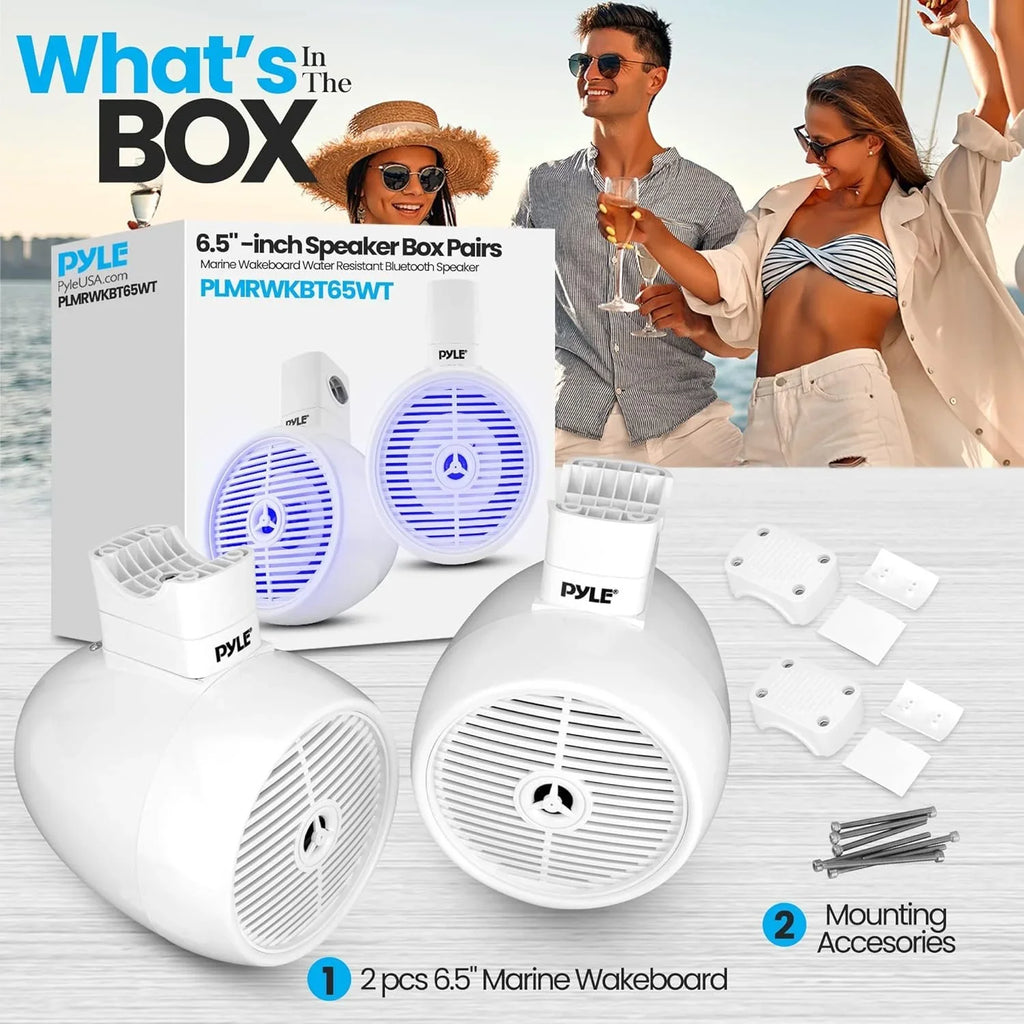 6.5" Marine Wakeboard Fluid Resistant Bluetooth Speaker - Single 2-Way Mini Box Speaker System with Built-in LED Lights, White PLMRWKBT65WT