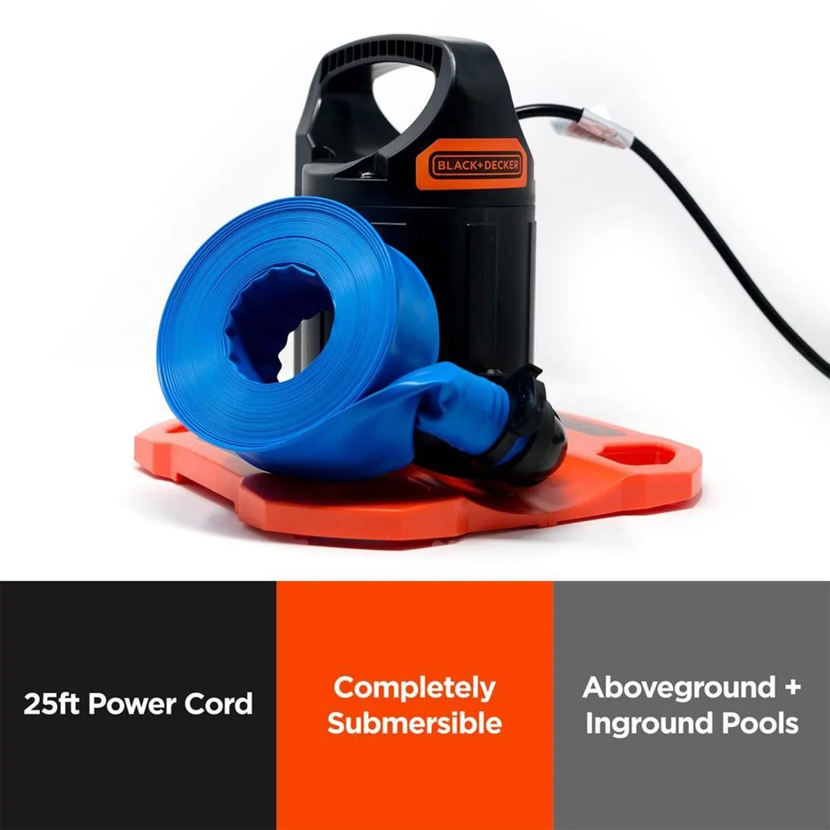 Black+Decker 1500 GPH Submersible Automatic Pool Cover Pump with Discharge Hose