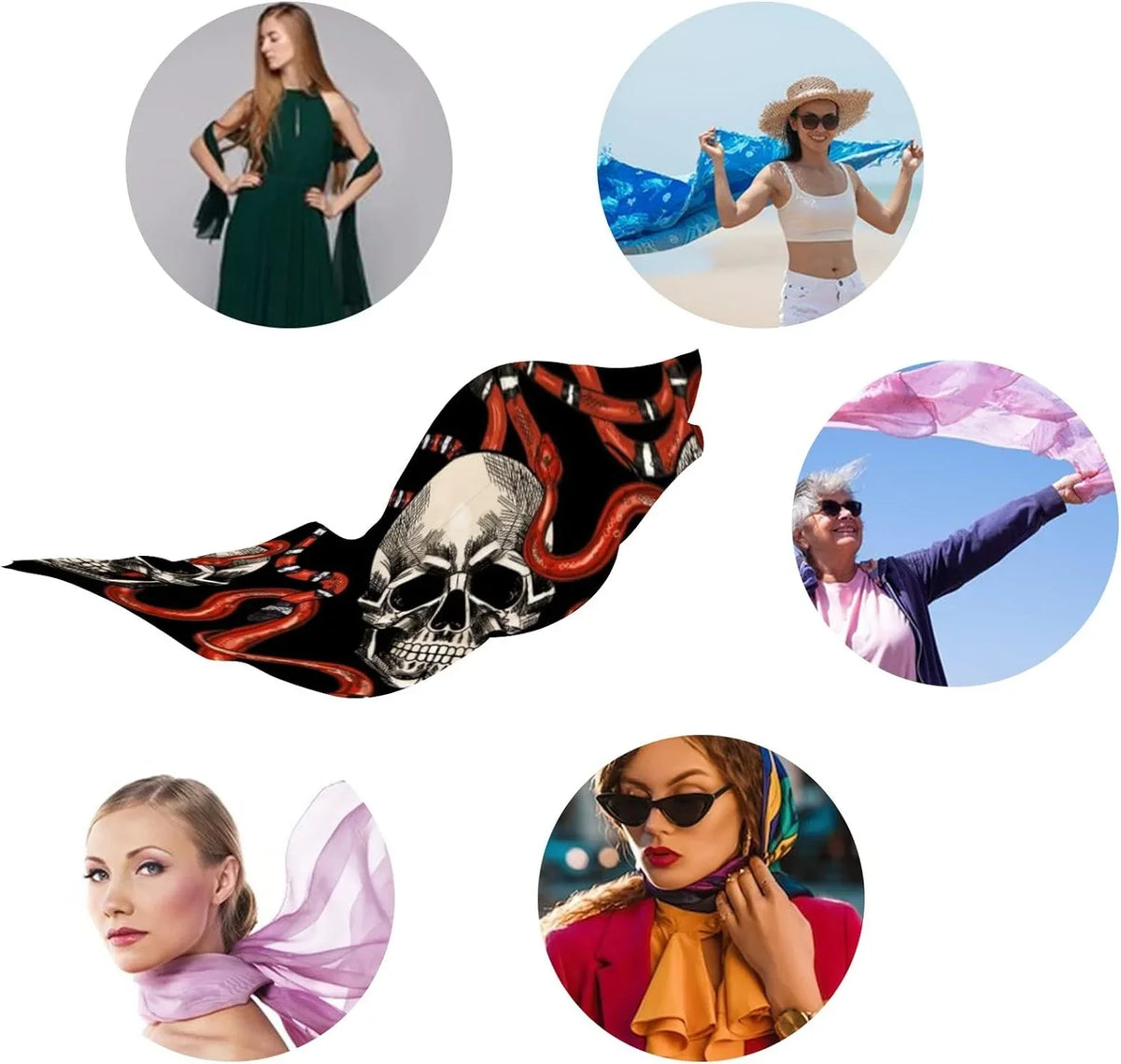 Hyjoy Skulls And Red Snakes Long Silk Neck Scarf Lightweight Shawl Wrap Scarves for Women Girls